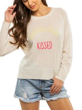 Golden Sun 100% Cashmere Crew Neck Pullover Sweater Cream SUN KISSED Size S M